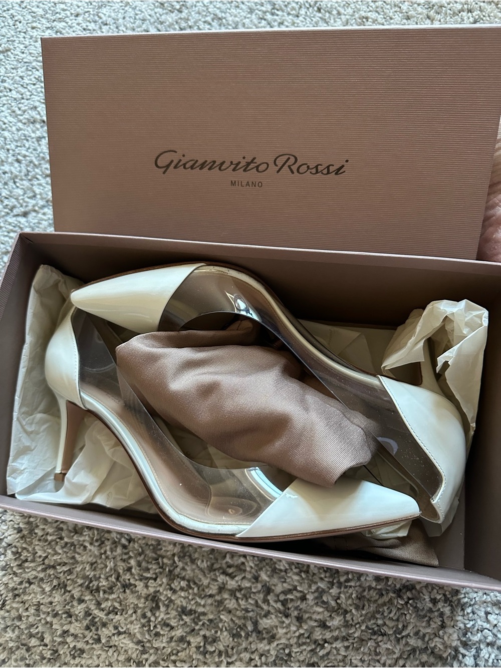 Gianvito Rossi Cream Patent and Clear Pointed Toe Pumps